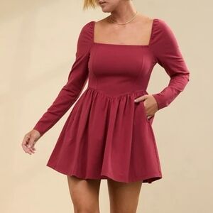 Aerie Knit Fit & Flare Cherry Red Long Sleeve Square Neck Mini Dress L NWT